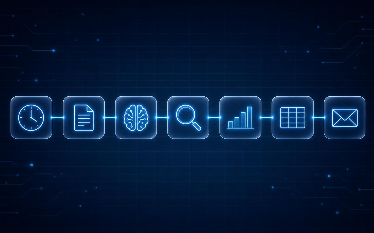 Abstract visualization of an automated job-search pipeline with connected workflow nodes for analyzing, searching, scoring, and delivering job matches.